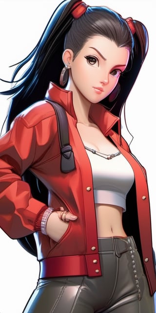  videl2, twintails young Teenage 1girl, mole, hairclip, mole under eye, hair ornament, black hair, mole under mouth, short hair, red jacket, jacket, solo, topless, open clothes, open jacket, long sleeves, mouth hold, collarbone, jewelry, arms up, signature, earrings, pants, cinematic, cyberpunk, character design, concept art, full body, detailed, cinematic lighting, intricate stunning highly detailed girl by artgerm and RHADS, portrait, soft studio lighting, ultra realistic, photorealistic, octane render, unreal engine, hyper detailed, volumetric lighting, hdr, octane render, fantasy, 4k, 8K