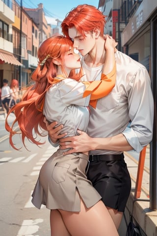 Couple of a corean man and a Real girl for VROID, light red hair, long hair, white shirt, grey skirt, pocket,edgSDress, kissing