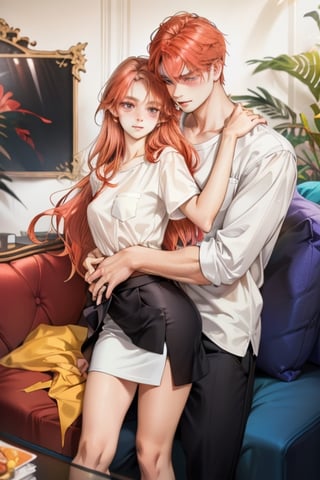 Couple of a corean man and a Real girl for VROID, light red hair, long hair, white shirt, violet skirt, pocket,edgSDress, hugging in a sofa in house