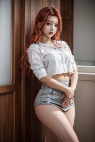 Couple of a corean man with black hair and a latin girl with light red hair, long hair, white shirt, grey skirt, pocket,style,photorealistic,Wonder of Beauty,girl,Sexy Pose