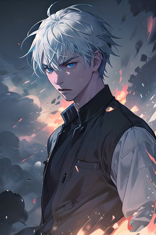 "Craft a highly detailed and emotionally charged depiction of Gojo Satoru in an epic fight, white short hair, with his intense blue eyes and white hair accentuated against a backdrop of roaring flames, drawing inspiration from the captivating style of Makoto Shinkai."