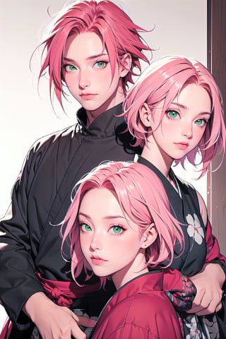 1girl with short pink hair and green eyes named Sakura Haruno in ninja attire, 1man with red hair and green eyes named Gaara, shinobi, ninja, harunoshipp