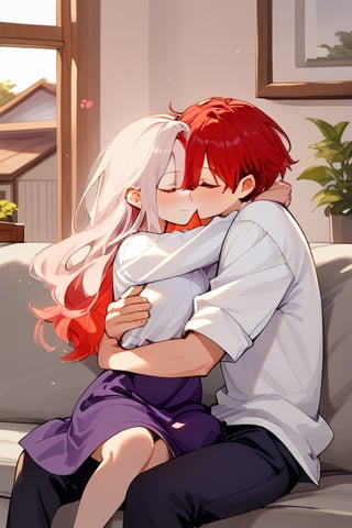 Couple of a corean man and a  girl (light red hair, long hair), white shirt, violet skirt, pocket,edgSDress, hugging in a sofa in house,1boy,jaeggernawt