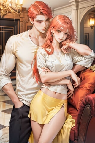 Couple of a corean man and a Real girl for VROID, light red hair, long hair, white shirt, yellow skirt, pocket,edgSDress, hugging in a sofa in house and smiling