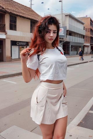 Couple of a corean man with black hair and a latin girl with light red hair, long hair, white shirt, grey skirt, pocket,style,photorealistic,Wonder of Beauty,girl,Sexy Pose