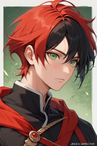 1girl with short red hair and green eyes named in sexy clothes, 1man with black hair and green eyes, basic_background,ECWITCH, clothes,jaeggernawt,sakurabr