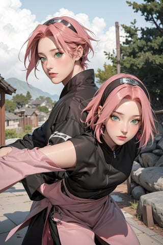 1girl with short pink hair and green eyes named Sakura Haruno in ninja attire, 1man with red hair and green eyes named Gaara, shinobi, ninja, harunoshipp