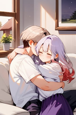 Couple of a corean man and a girl , light red hair, long hair, white shirt, violet skirt, pocket,edgSDress, hugging in a sofa in house,jaeggernawt,Indoor