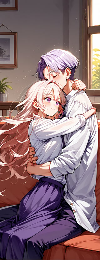 Couple of a corean man and a girl , light red hair, long hair, white shirt, violet skirt, pocket,edgSDress, hugging in a sofa in house,jaeggernawt,Indoor