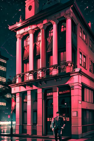 a man black hair, sexy guy, standing on the balcony of a building,city, modern city, night,looking at the front building, wearing a suit, sexy pose,leaning on the railing, detailed_face,1boy, solo,colorfulnight