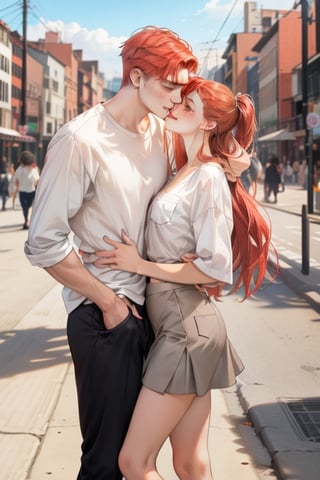 Couple of a corean man and a Real girl for VROID, light red hair, long hair, white shirt, grey skirt, pocket,edgSDress, kissing in the park