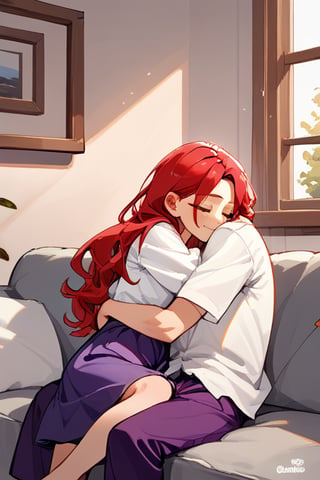 Couple of a corean man and a Real girl for VROID, light red hair, long hair, white shirt, violet skirt, pocket,edgSDress, hugging in a sofa in house,jaeggernawt,Indoor