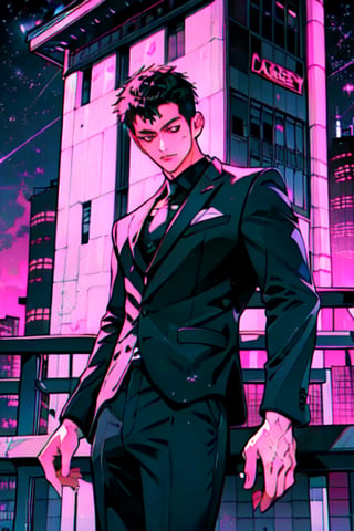 a man black hair, sexy guy, standing on the balcony of a building,city, modern city, night,looking at the front building, wearing a suit, sexy pose,leaning on the railing, detailed_face,daisuke sorachi, 1boy, solo