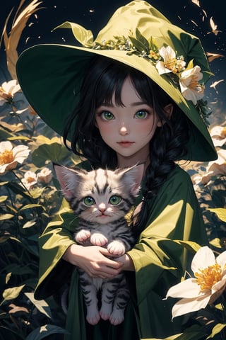 ((Flying in the sky with fluffy kitten)) ,(SIMPLE green witch's big hat and green robe), shining eyes , twin_braid ,blunt bangs, black hair , little girl, 10 years old, intricate details, 32k digital painting, hyperrealism, (vivid color,abstract background:1.3, colorful:1.3, flowers:1.2, zentangle:1.2, fractal art:1.1) , parted bangs, SUPER HIGH quality, in 8K , intricate detail, ultra-detailed,High detailed ,