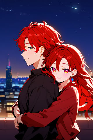 1girl (red hair), long_hair, hug, night, 1boy (black_hair), Man_hugs_girl_from_behind, shirt, hetero, looking_at_viewer, brown_hair, night_sky, couple, sky, long_sleeves, jewelry, earrings, cityscape,jaeggernawt