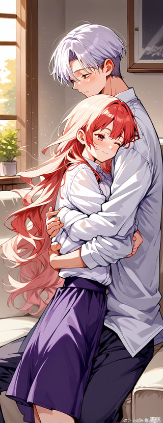 Couple of a corean man and a girl , light red hair, long hair, white shirt, violet skirt, pocket,edgSDress, hugging in a sofa in house,jaeggernawt,Indoor