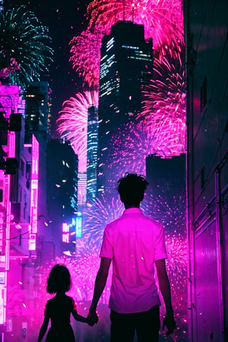 long girl hair, 1girl, shirt, red girl hair, 1boy, black boy hair, 1man, black man hair (holding hands) flower, outdoors, sky, from behind, petals, night, plant, building, night sky, scenery, pink flower, city, facing away, fireworks,	 SILHOUETTE LIGHT PARTICLES,neon background