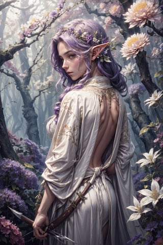 (4k), (masterpiece), (best quality),(extremely intricate), (realistic), (sharp focus), (cinematic lighting), (extremely detailed),

A young beautiful high elf archer girl posing with back turned to the viewer. She is in a secluded enchanted forest and is wearing white elven silk robe.

,flower4rmor, see-through ,flowers in hair, violet hair, Flower, flower white silk robe
,DonM4lbum1n
,DonMChr0m4t3rr4 
,LODBG,no_humans,glyphtech