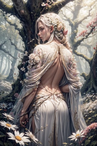 (4k), (masterpiece), (best quality),(extremely intricate), (realistic), (sharp focus), (cinematic lighting), (extremely detailed),

A young beautiful high elf archer girl posing with back turned to the viewer. She is in a secluded enchanted forest and is wearing white elven silk robe.

,flower4rmor, see-through ,flowers in hair, Flower, flower white silk robe
,DonM4lbum1n
,DonMChr0m4t3rr4 
,LODBG,no_humans,glyphtech