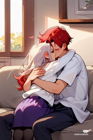 Couple of a corean man and a Real girl for VROID, light red hair, long hair, white shirt, violet skirt, pocket,edgSDress, hugging in a sofa in house,1boy,becky blackbell,jaeggernawt