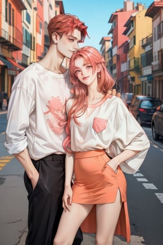 Couple of a corean man and a Real girl for VROID, light red hair, long hair, white shirt, pink skirt, pocket,edgSDress,1boy, sonriendo