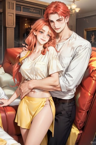 Couple of a corean man and a Real girl for VROID, light red hair, long hair, white shirt, yellow skirt, pocket,edgSDress, hugging in a sofa in house and smiling