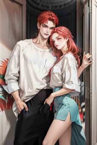 Couple of a corean man and a Real girl for VROID, light red hair, long hair, white shirt, grey skirt, pocket,edgSDress,1boy