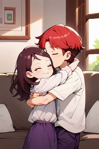 Couple of a corean man and a Real girl for VROID, light red hair, long hair, white shirt, violet skirt, pocket,edgSDress, hugging in a sofa in house,1boy,becky blackbell,jaeggernawt