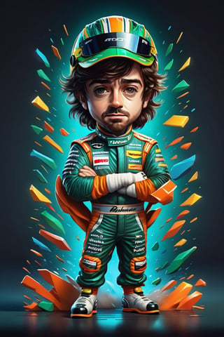 Marking. Colorful, cute and adorable F1 driver Fernando Alonso, dancing, wearing dark green Aston Martin uniform, 
 3D cartoon character. hyperrealism, photorealism, beautiful, complex, incredibly detailed and award-winning photographs. dark background illuminated by neon lights