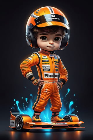 Marking. Colorful, cute and adorable F1 driver oscar piastri, dancing, wearing orange and black Mclaren uniform, 
 3D cartoon character. hyperrealism, photorealism, beautiful, complex, incredibly detailed and award-winning photographs. dark background illuminated by neon lights