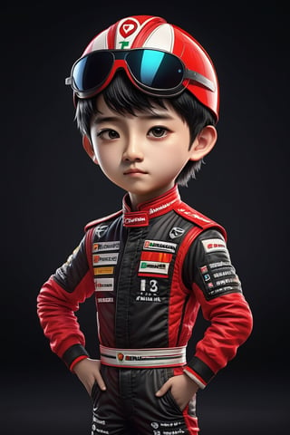 Marking. Colorful, cute and adorable F1 driver zhou guanyu, dancing, wearing black and red Alfa Romeo uniform, 
 3D cartoon character. hyperrealism, photorealism, beautiful, complex, incredibly detailed and award-winning photographs. dark background illuminated by neon lights