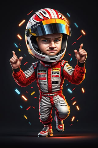 Marking. Colorful, cute and adorable F1 driver niko hulkenberg, dancing, wearing black and red and white Haas uniform, 
 3D cartoon character. hyperrealism, photorealism, beautiful, complex, incredibly detailed and award-winning photographs. dark background illuminated by neon lights