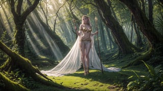 Photorealistic depiction of an Elf Princess in ancient forest ruins, staff raised high, beams of sunlight creating a halo effect, wearing revealing, enchanted clothing, rule of thirds composition, golden hour, sharp focus, lush environment, ethereal mood, Nikon D850, 8k resolution,More Detail COWBOY SHOT