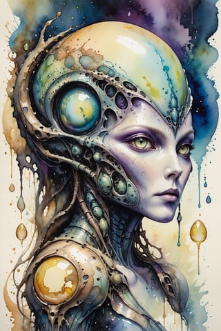 "watercolor painting, soft yet detailed, an alien queen in an ethereal biomechanical landscape, surrounded by semi-translucent alien eggs, muted and mysterious color palette, delicate brush strokes depicting her intricate bio-armor and alien features, soft glow emanating from the eggs, sense of alien royalty and mystique, impressionistic yet detailed portrayal, harmonious and otherworldly atmosphere"