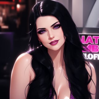 Mature woman, sexy clothes, sfw, best quality, extremely detailed, HD, 8k, large breasts, light purple eyes, (black long hair:1.3), (longhairstyle:1.4), (straight hair), smile, cute eyes, gentle face, gothic makeup