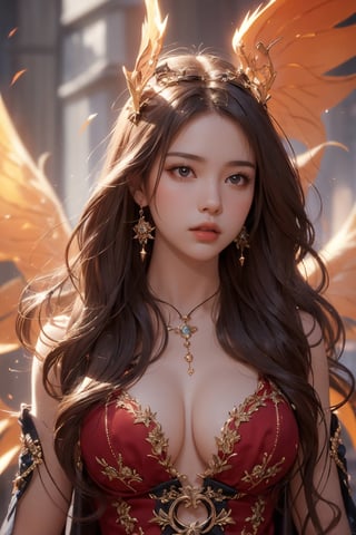 long wavy hairs, 1girl, accessories, piercing, intricate background, fantasy, mythical, misterious, masterpiece, best quality, dynamic angle, cinematic composition, detailed face, fire bang background, fire wings,1 girl