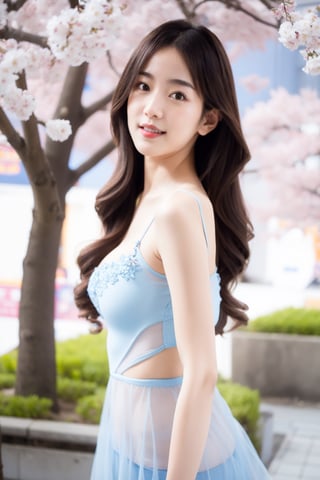 photorealistic, raw photo, best quality, ultra detailed, masterpiece, 1girl, solo, long hair, medium breasts, a woman with slim hips standing sexy pose, flirting on viewer, perfect female body, sakura tree on japan street background, blue sheer see through dress, grey hair, perfect face, beautiful and aesthetic,