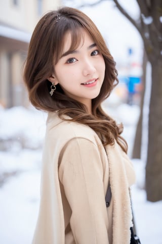 Beautiful and delicate light, (beautiful and delicate eyes), pale skin, big smile, (brown eyes), (brow short hair), dreamy, medium chest , woman 1, (front shot), (( ultra detailed face )) , Korean girl, bangs, soft expression, height 170,elegance, 8k art photo, realistic concept art, realistic, portrait, necklace, earrings, handbag, fantasy, jewelry, shyness, skirt, winter down parka, scarf, snowy street, footprints,
