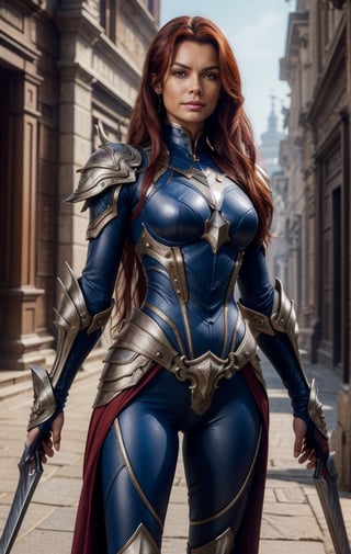 Ultra detailed realistic photo scene UHD 8K HDR, 1 red-haired woman, blue eyes, long hair, slim, perfect model body, super detailed fantasy armor, warrior of xian