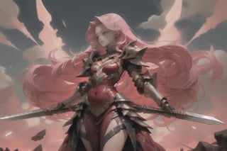 Pink hair girl, long_hair, red dress, chest armor, spears,EpicSky