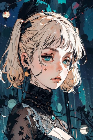 twin_tails, beautiful eyes,triangular face shape,random beautiful eyebrows,white hair,beautiful ear,nodf_lora,gothic, starry night background, ,Milf,cute mouth,beauty_mark,simple fashion ,fujimotostyle,detailed mouth,  mole under right eye ,cute bang,Retro art