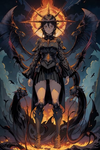 mumeide ,Illustration,Anime ,beautiful background,mumeidef,firefliesfireflies,Anime Landscape ,Anime Backround ,super sexy,black short skirt, random hair style,black hair,beautiful,nodf_lora,final boss,dark soul vibe,gwyndolin,standing,Abyss_Watchers