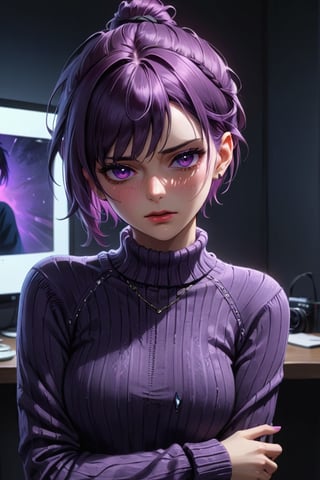 A highly detailed portrait of a stunningly Raven in tight and form-fitting sweater and jeans,  purple eyes,  short purple hair tied up,  crying awkward expression,  ((blush under eyes)),  camera in front,  (Looking directly at the camera),  ((dark room background)),  ((ultra detailed)),  ((beautiful)),  ((4k)),  ((8k)),  Art style of Arthenin
