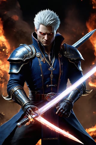 vergil from devil may cry,nelo angelo,nephilim,devil Hunter,sleek combed back hair,handsome,pale,stoic,serious,sharp piercing eyes,blue and silver,holding the Yamato Katana,fiery awe-inspiring thunders amidst darkness,evokes a sense of mythical grandeur,zeus light bolts,deus ex cybersecurity true detective,helldivers in the style of warhammer and doom eternal,Dante’s inferno berserk aesthetics by kentaro miura and Dave Rapoza,stranger things vfx,directed by Darren Aronofsky