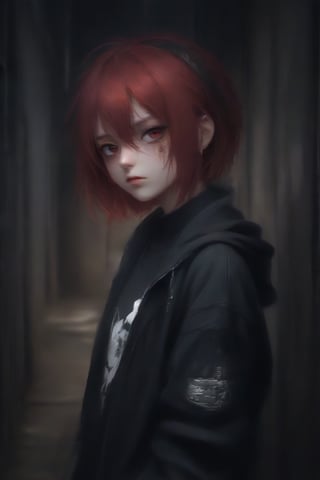 anime teenage girl on a bacstreet alley, teary eyes, teenage outfit, black and red hair, serious fashion style, dark theme style, punk style, short hair, black background, black paint dripping heavily from eyes and mouth