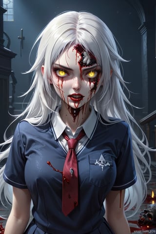 girl with a pretty face, white hair, blue eyes, (((sexy school uniform))), wearing a stylish very sexy school uniform, with a funny expression on her face, Hellwalker, incombing death, hell, black bloody veins growing and intertwining out of the darkness, oozing thick yellow blood, veins growing and pumping blood, detailed eyes, 4k, ultra-realistic, ultra-detailed, insane quality, trending on Art Station, NGC quality, UHD, HDR, intricate details