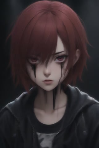 anime teenage girl on a bacstreet alley, teary eyes, teenage outfit, black and red hair, serious fashion style, dark theme style, punk style, short hair, black background, black paint dripping heavily from eyes and mouth