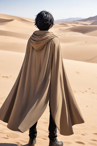 solo, black hair, 1boy, holding, standing, male focus, outdoors, from behind, cape, wind, cloak, sand, desert