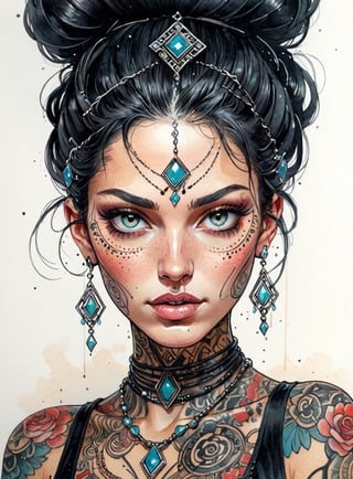 Gorgeous ink and watercolour illustration of a woman’s face close up, extreme close up, insane level of detail and incredible shading, beautiful lighting and hairstyle, intricate jewellery, tattoos and stitching on outfit