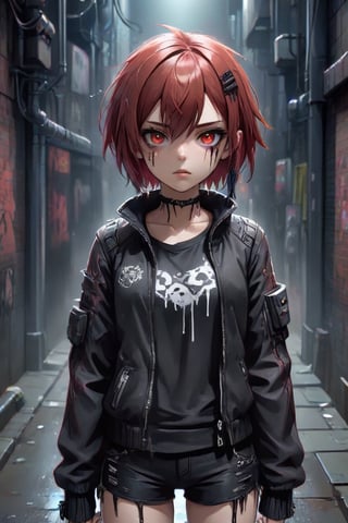 anime teenage girl on a cyberpunk bacstreet alley, teary eyes, teenage outfit, black and red hair, serious fashion style, dark theme style, punk style, short hair, black background, black paint dripping heavily from eyes and mouth